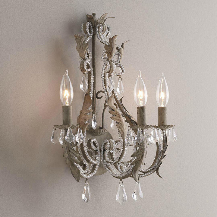 Candelabro de hierro tradicional francés con cristal, lámpara de pared de 3 luces para mesita de noche 