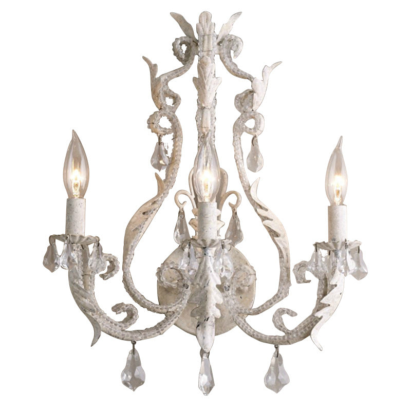 Candelabro de hierro tradicional francés con cristal, lámpara de pared de 3 luces para mesita de noche 