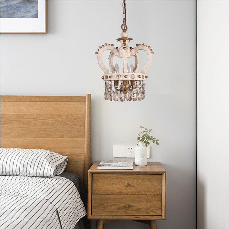 Lustres Traditionnels Rustiques en Bois Massif et Fer Vieilli avec Couronne Ronde à 3 Lumières pour Chambre 