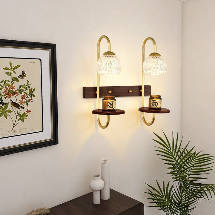 Applique murale traditionnelle française en bois de caoutchouc, fer, verre rond, floral 1/2 lumière, cire fondue pour chevet 