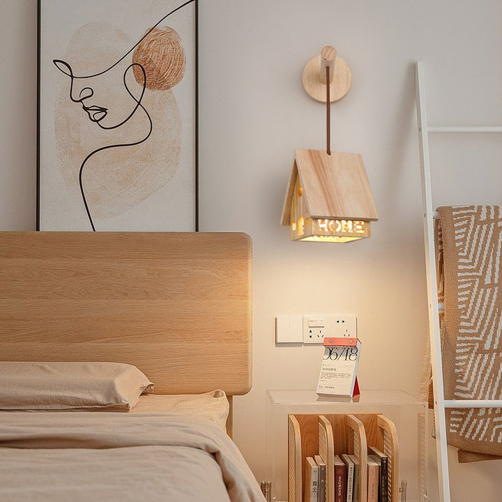 Lampe murale à une lumière creuse en bois massif japonais traditionnel pour chevet 