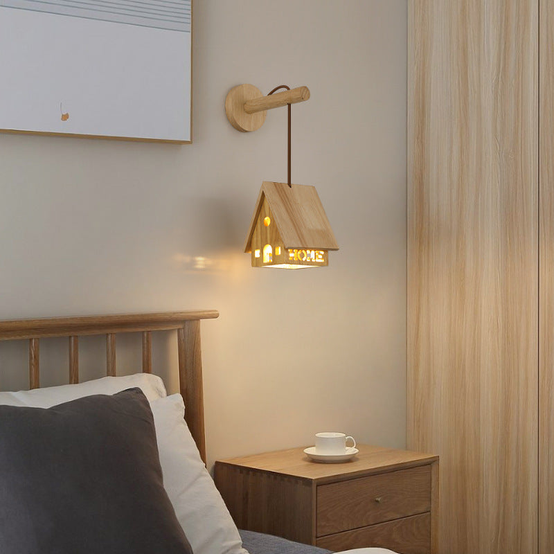 Lampe murale à une lumière creuse en bois massif japonais traditionnel pour chevet 
