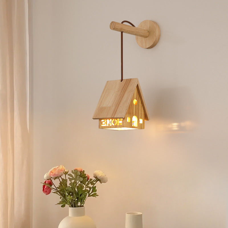 Lampe murale à une lumière creuse en bois massif japonais traditionnel pour chevet 