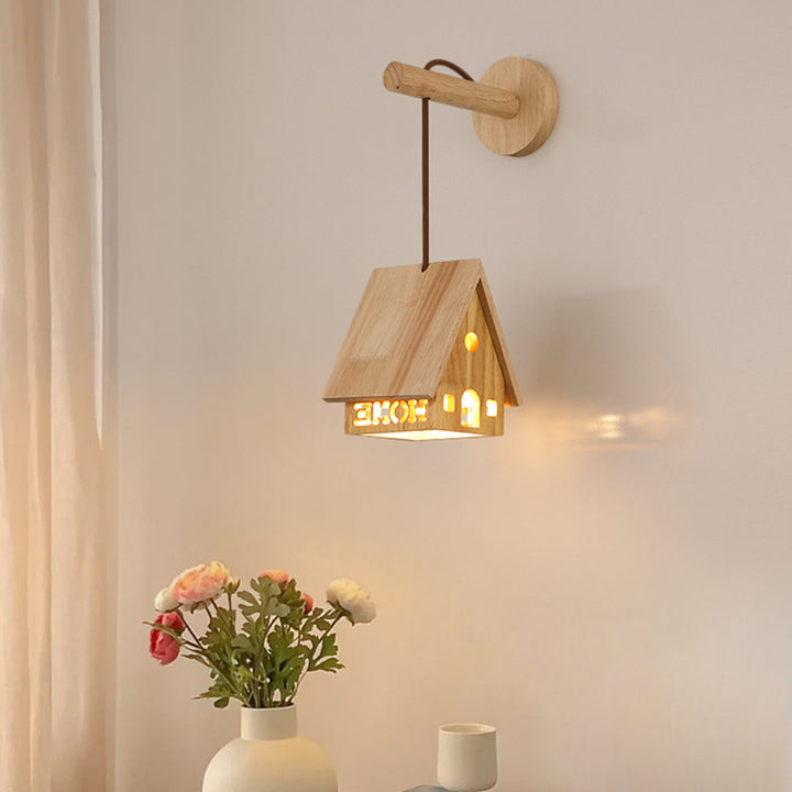 Lampe murale à une lumière creuse en bois massif japonais traditionnel pour chevet 