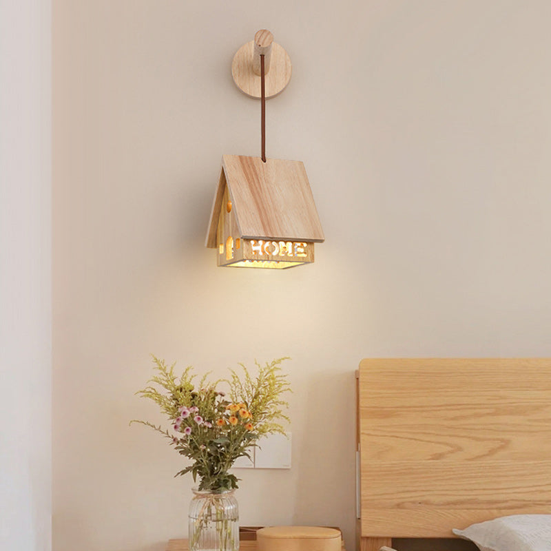 Lampe murale à une lumière creuse en bois massif japonais traditionnel pour chevet 