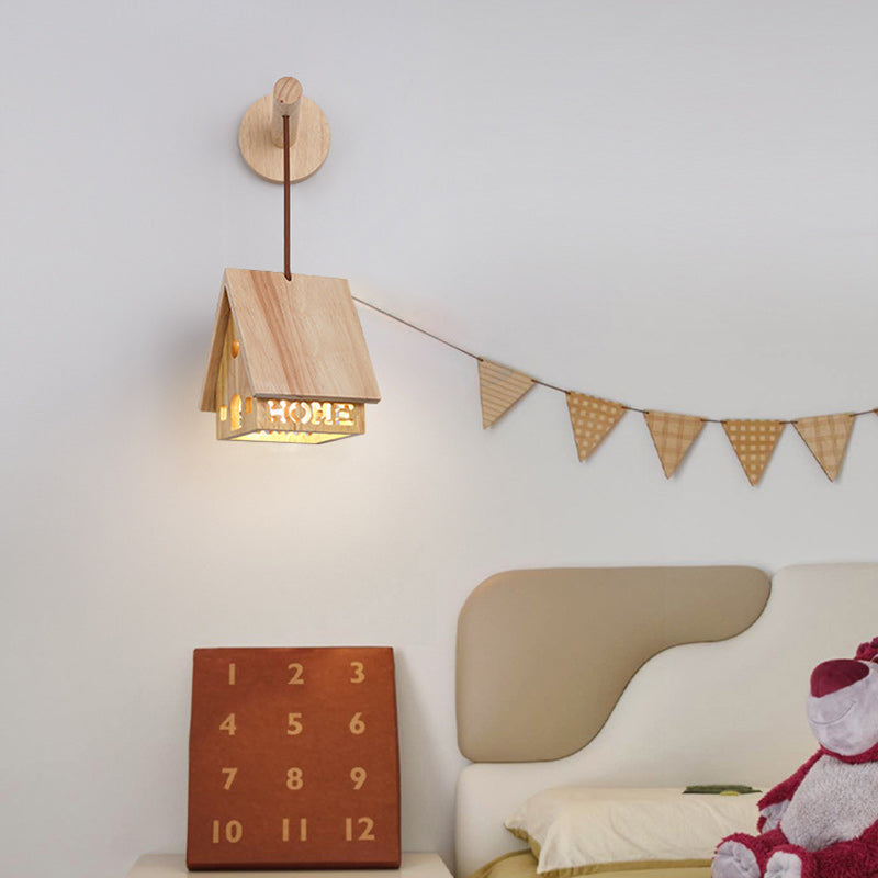 Lampe murale à une lumière creuse en bois massif japonais traditionnel pour chevet 