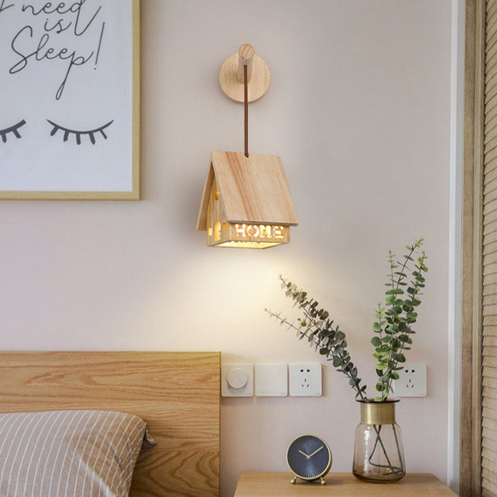Lampe murale à une lumière creuse en bois massif japonais traditionnel pour chevet 