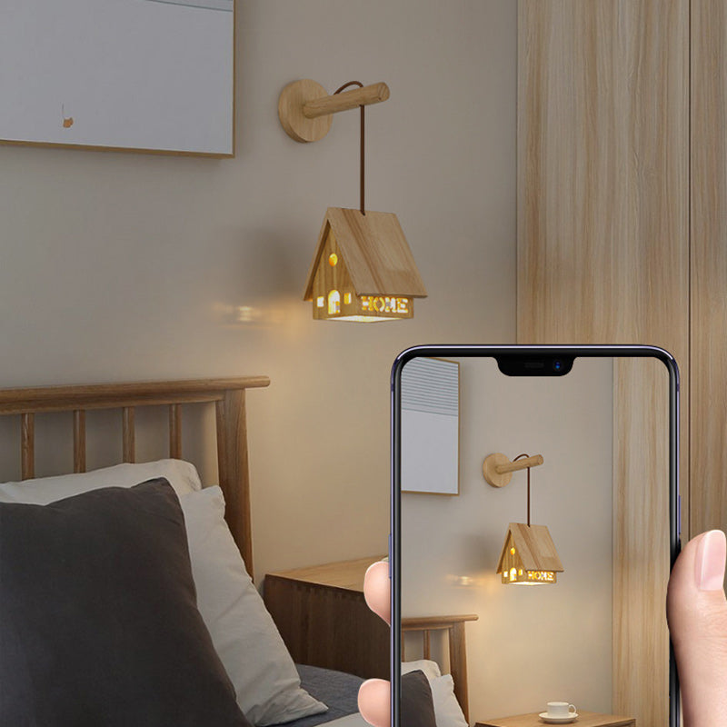 Lampe murale à une lumière creuse en bois massif japonais traditionnel pour chevet 
