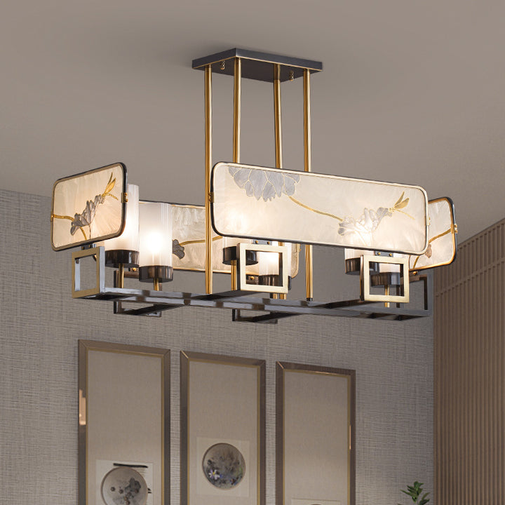 Lustres Traditionnels en Cuivre Chinois avec Verre Rectangulaire Peint à la Main Feuille de Lotus 5/6/8 Lumières pour Salle à Manger 