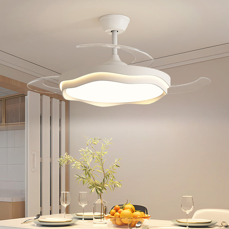 مروحة سقف بإضاءة LED شبه مدمجة معاصرة من الأكريليك والحديد بتصميم موجة دائرية لغرفة المعيشة 