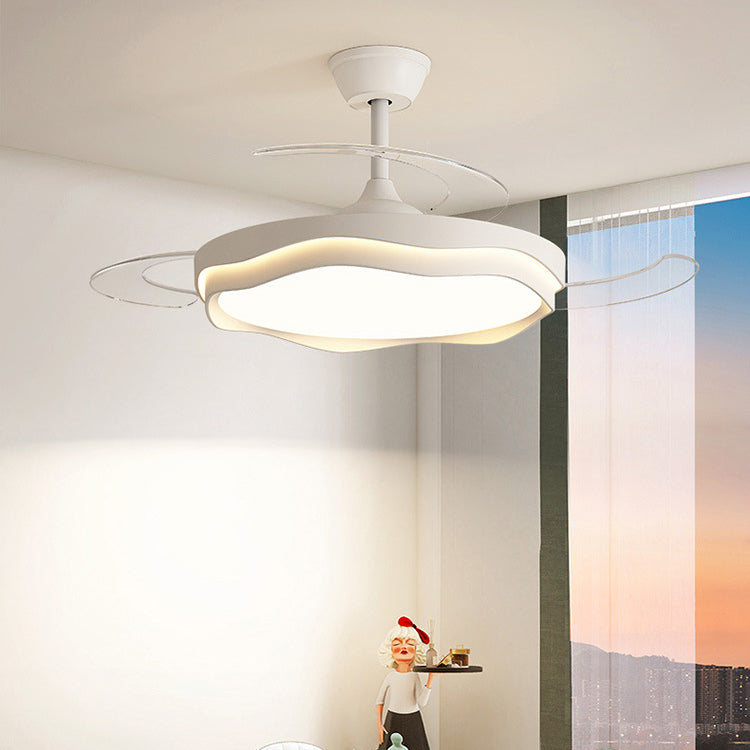 مروحة سقف بإضاءة LED شبه مدمجة معاصرة من الأكريليك والحديد بتصميم موجة دائرية لغرفة المعيشة 