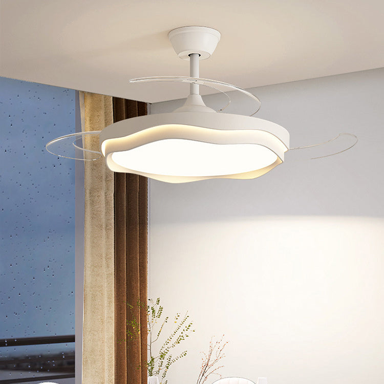 مروحة سقف بإضاءة LED شبه مدمجة معاصرة من الأكريليك والحديد بتصميم موجة دائرية لغرفة المعيشة 