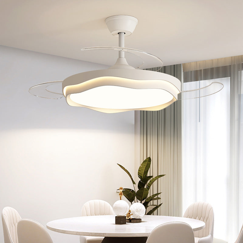 مروحة سقف بإضاءة LED شبه مدمجة معاصرة من الأكريليك والحديد بتصميم موجة دائرية لغرفة المعيشة 
