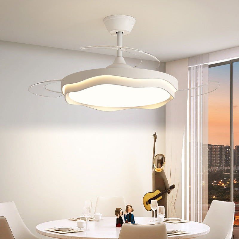 مروحة سقف بإضاءة LED شبه مدمجة معاصرة من الأكريليك والحديد بتصميم موجة دائرية لغرفة المعيشة 