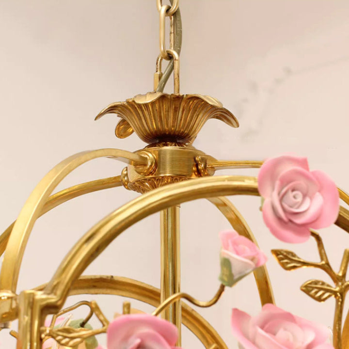 Traditional European Brass Cage Ceramic Flower Branch 4-Light Chandeliers For Dining Room