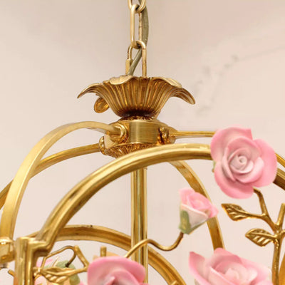 Traditioneller europäischer Messingkäfig-Keramik-Blumenzweig-Kronleuchter mit 4 Lichtern für Esszimmer 