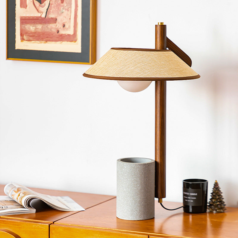 Lampe de table 1 lumière avec vase cylindrique conique en ciment, tissu en bois de frêne vintage traditionnel pour chambre à coucher 