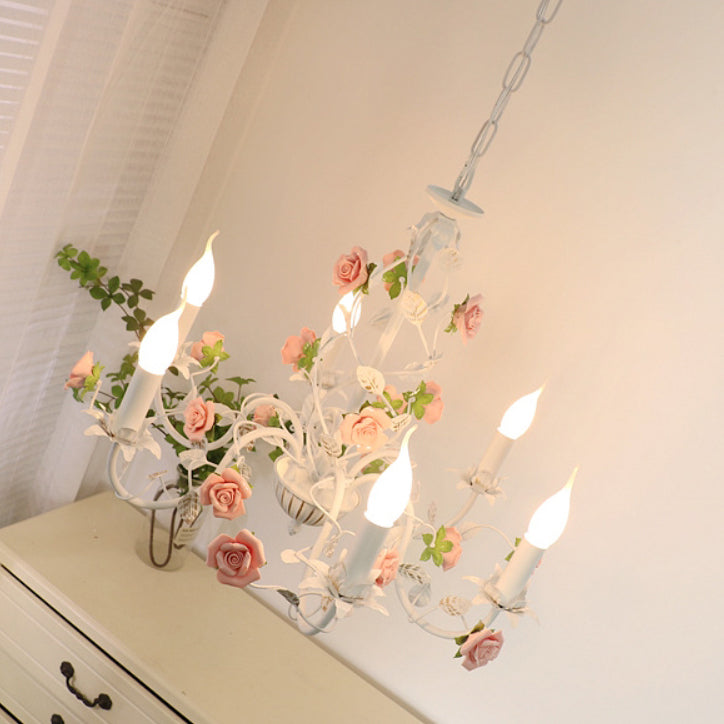 Chandelier traditionnel en céramique de fer français avec branches de rose et 3/6/8 lumières pour salon 