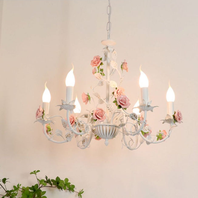 Traditioneller französischer Eisen-Keramik-Rosenzweig-Kerzenständer mit 3/6/8 Lichtern für Wohnzimmer 