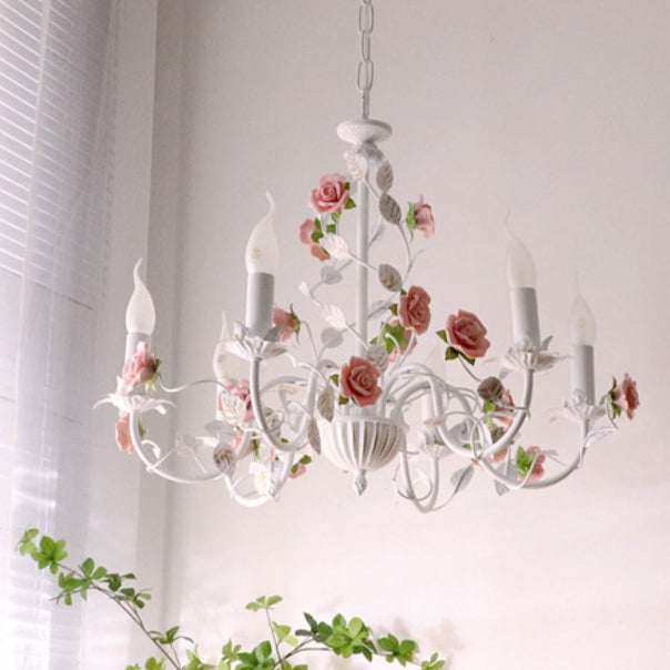 Chandelier traditionnel en céramique de fer français avec branches de rose et 3/6/8 lumières pour salon 