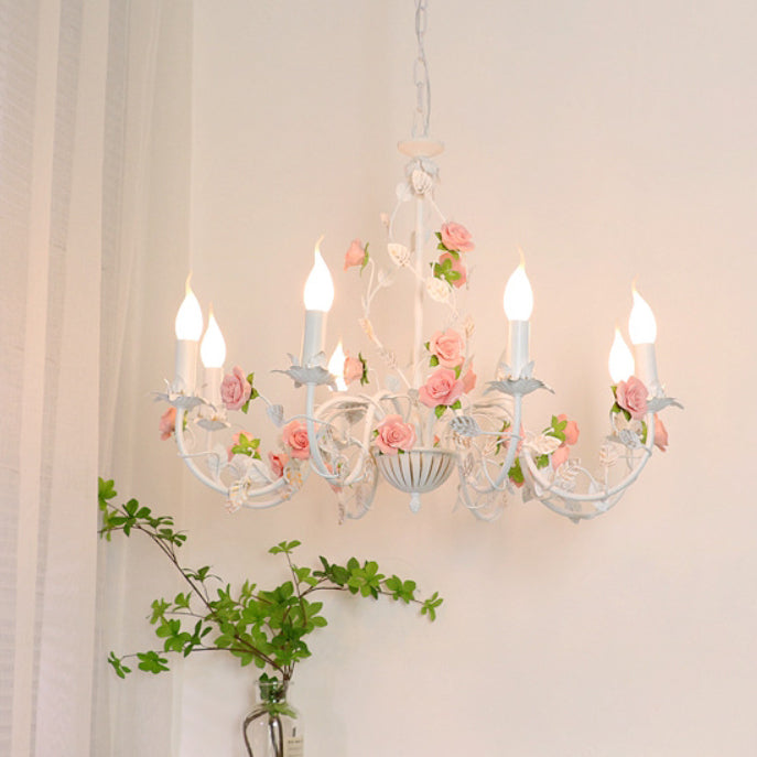 Chandelier traditionnel en céramique de fer français avec branches de rose et 3/6/8 lumières pour salon 