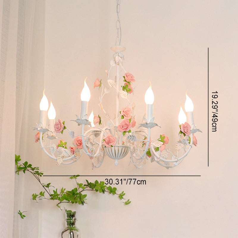 Chandelier traditionnel en céramique de fer français avec branches de rose et 3/6/8 lumières pour salon 