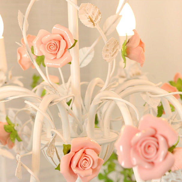 Chandelier traditionnel en céramique de fer français avec branches de rose et 3/6/8 lumières pour salon 