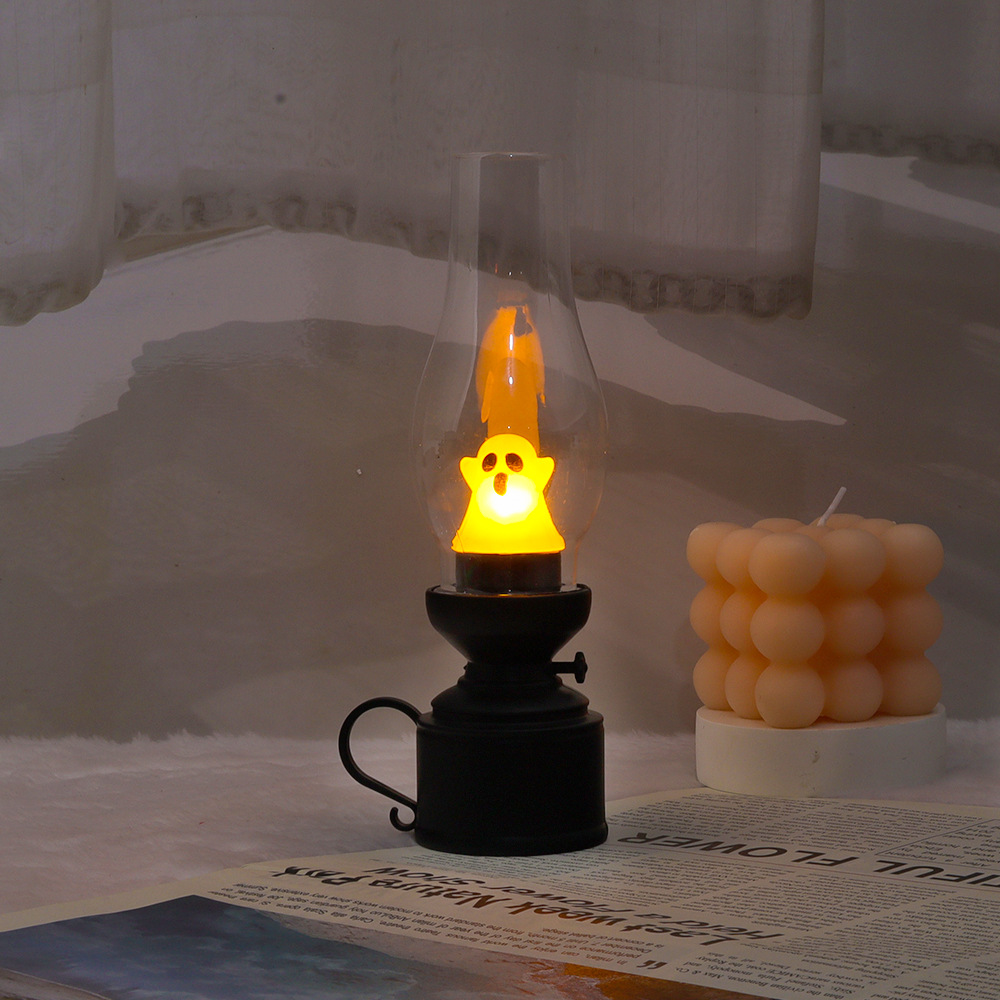 Lámpara de Mesa LED de Noche para Dormitorio con Llama de Fantasma de Queroseno de Batería de PVC Creativa Contemporánea de Halloween 