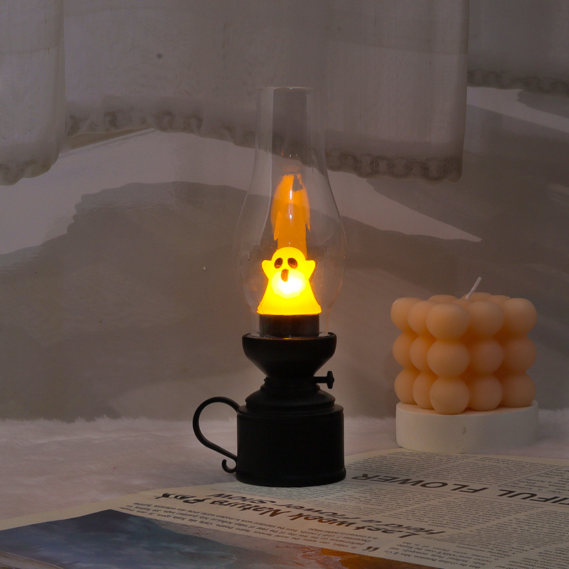 Lámpara de Mesa LED de Noche para Dormitorio con Llama de Fantasma de Queroseno de Batería de PVC Creativa Contemporánea de Halloween 