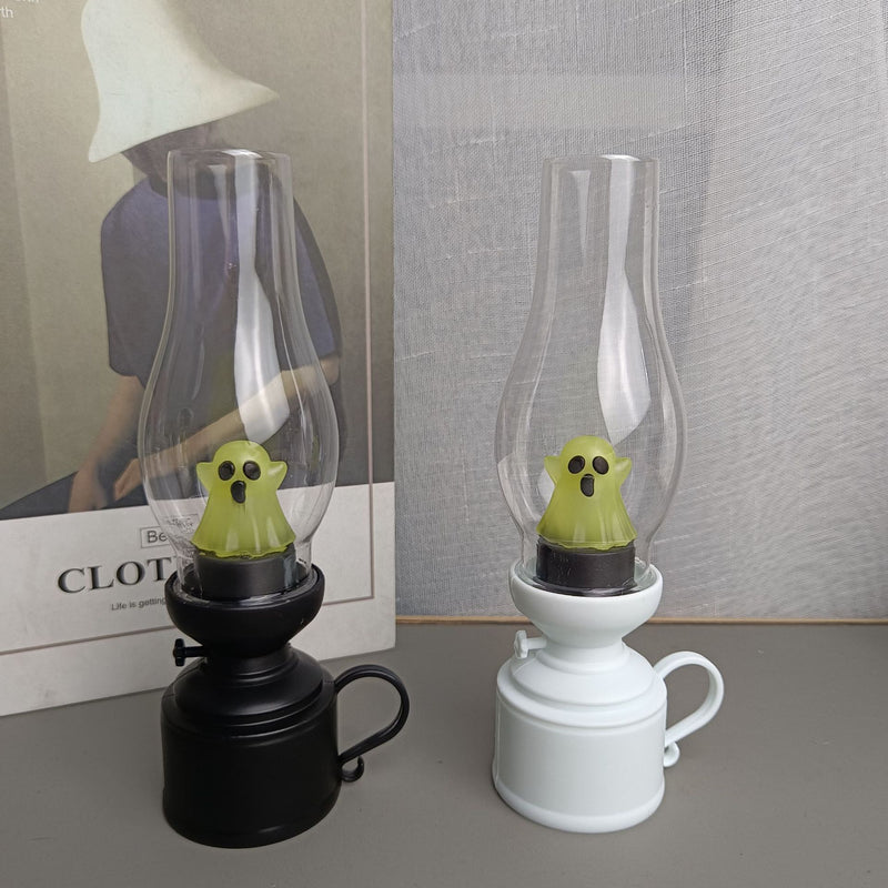 Lámpara de Mesa LED de Noche para Dormitorio con Llama de Fantasma de Queroseno de Batería de PVC Creativa Contemporánea de Halloween 