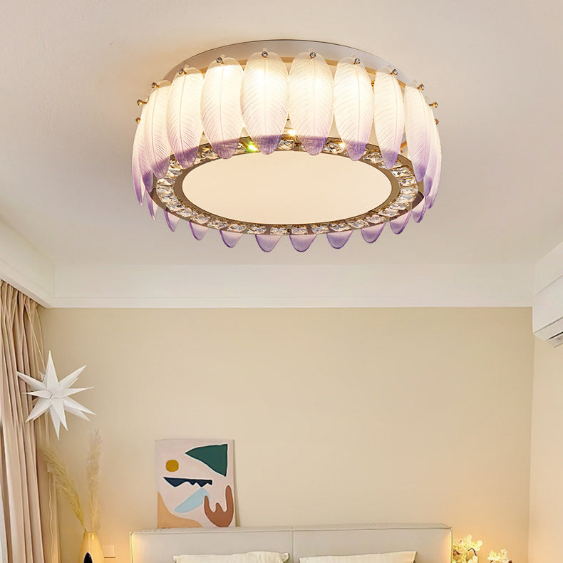 Traditionelle französische Glas-Eisen-Kristall-runde quadratische Feder-LED-Deckenleuchte für Schlafzimmer 