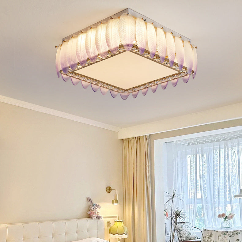 Traditionelle französische Glas-Eisen-Kristall-runde quadratische Feder-LED-Deckenleuchte für Schlafzimmer 