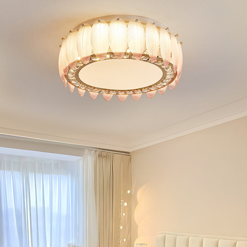 Traditionelle französische Glas-Eisen-Kristall-runde quadratische Feder-LED-Deckenleuchte für Schlafzimmer 