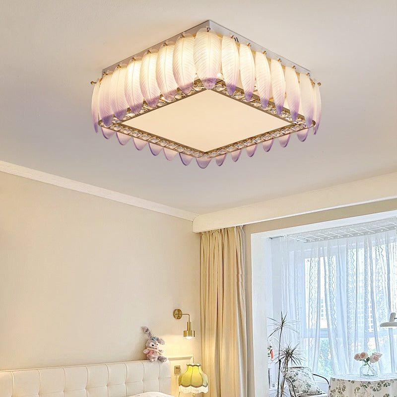 Traditionelle französische Glas-Eisen-Kristall-runde quadratische Feder-LED-Deckenleuchte für Schlafzimmer 