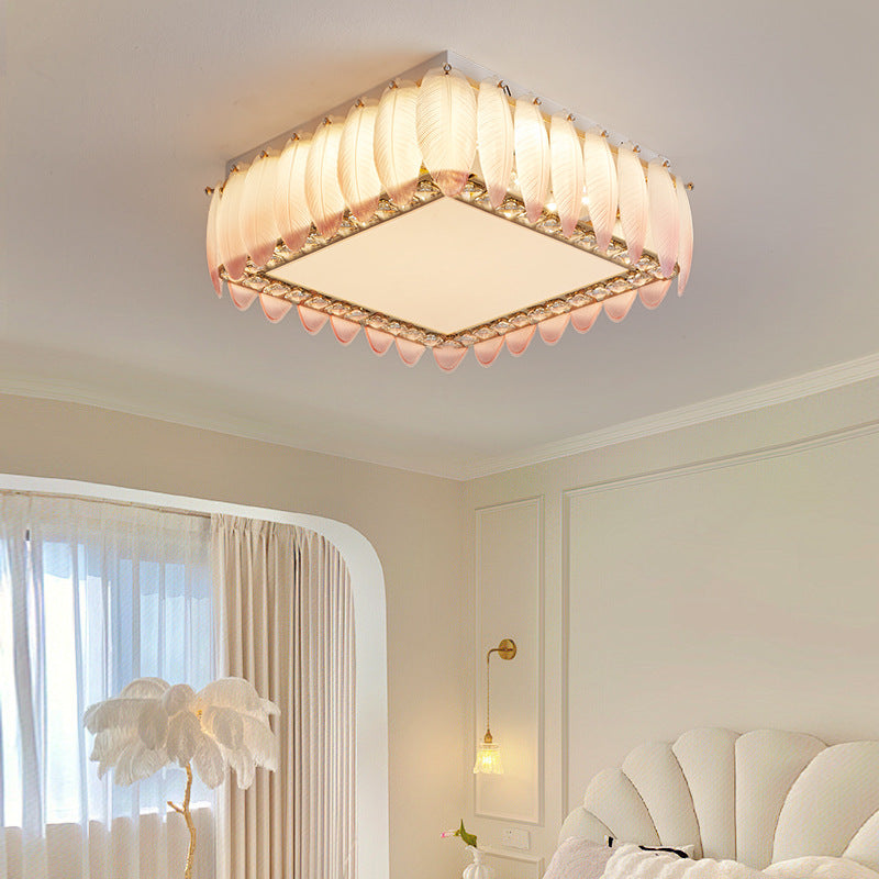 Traditionelle französische Glas-Eisen-Kristall-runde quadratische Feder-LED-Deckenleuchte für Schlafzimmer 