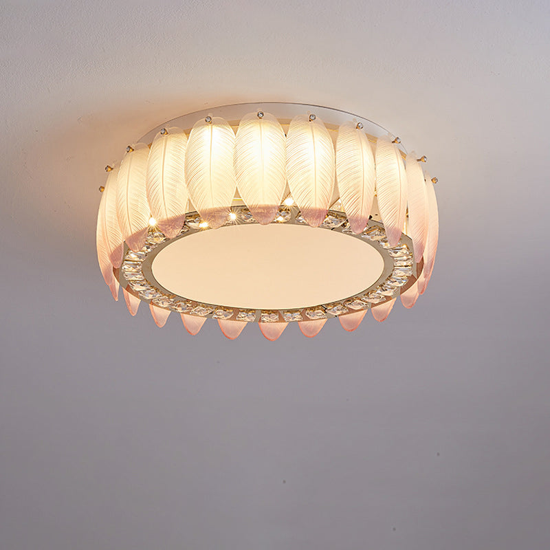 Traditionelle französische Glas-Eisen-Kristall-runde quadratische Feder-LED-Deckenleuchte für Schlafzimmer 