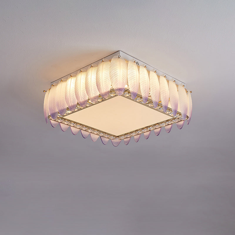 Traditionelle französische Glas-Eisen-Kristall-runde quadratische Feder-LED-Deckenleuchte für Schlafzimmer 