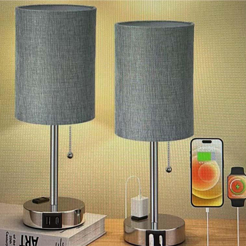 Modern Simplicity Fabric Iron Cylinder Zipper USB Rechargeable 1-Light Table Lamp For Bedside