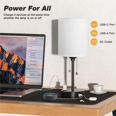 Modern Simplicity Fabric Iron Cylinder Zipper USB Rechargeable 1-Light Table Lamp For Bedside