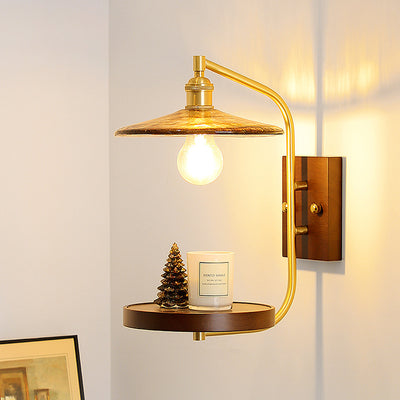 Contemporary Retro Brass Glass Rubber Wood Shelf Disk Ice Cube 1-Light Wall Sconce Lamp For Bedside