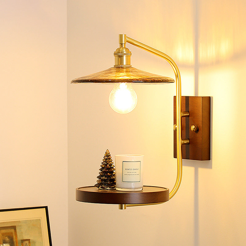 Contemporary Retro Brass Glass Rubber Wood Shelf Disk Ice Cube 1-Light Wall Sconce Lamp For Bedside