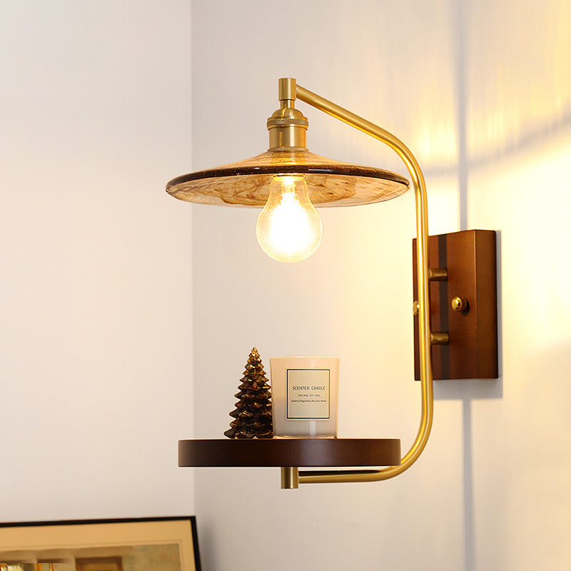 Applique murale 1 lumière en laiton rétro contemporain avec étagère en verre, caoutchouc et bois pour cube de glace, idéale pour le chevet 