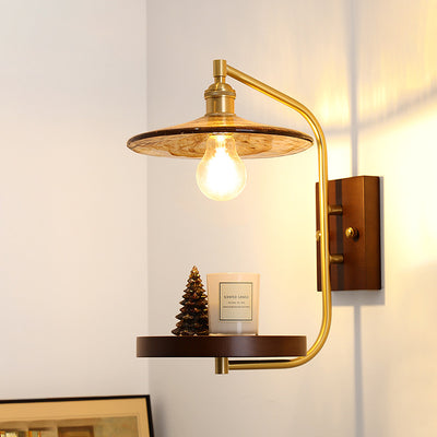Contemporary Retro Brass Glass Rubber Wood Shelf Disk Ice Cube 1-Light Wall Sconce Lamp For Bedside