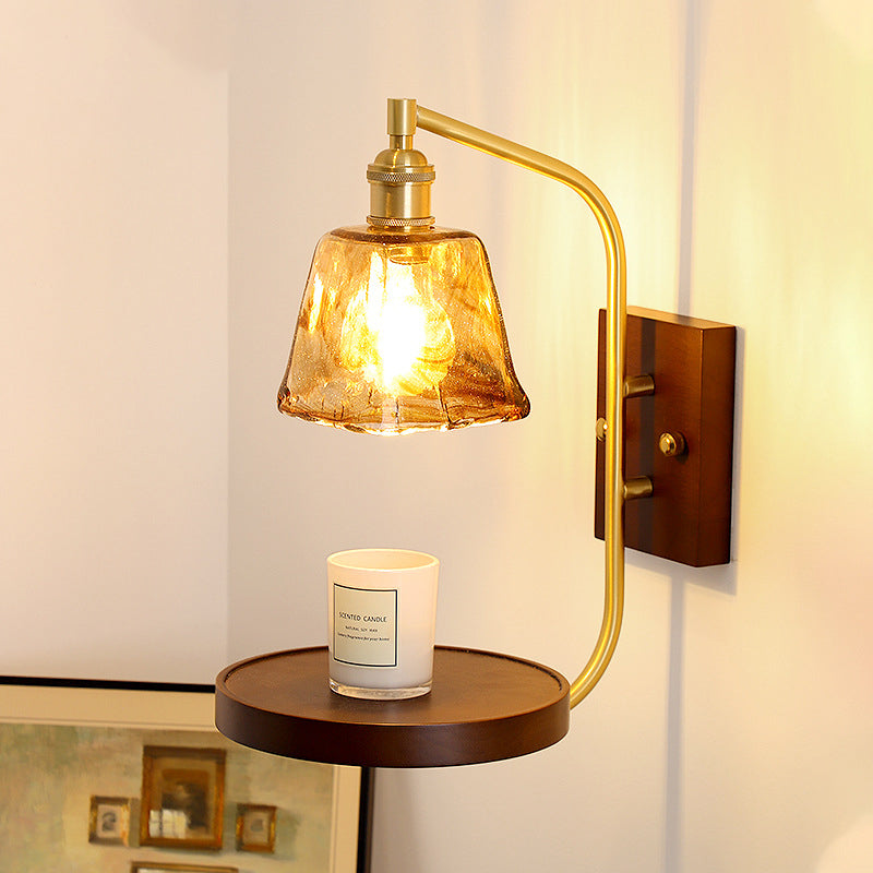 Contemporary Retro Brass Glass Rubber Wood Shelf Disk Ice Cube 1-Light Wall Sconce Lamp For Bedside
