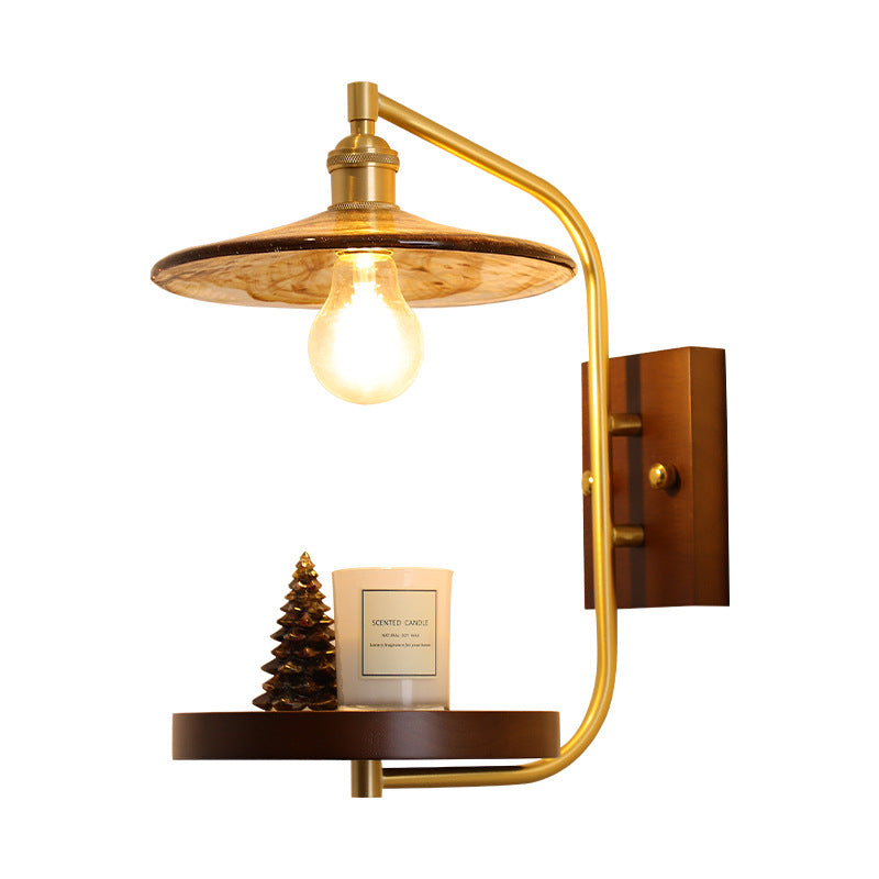 Contemporary Retro Brass Glass Rubber Wood Shelf Disk Ice Cube 1-Light Wall Sconce Lamp For Bedside