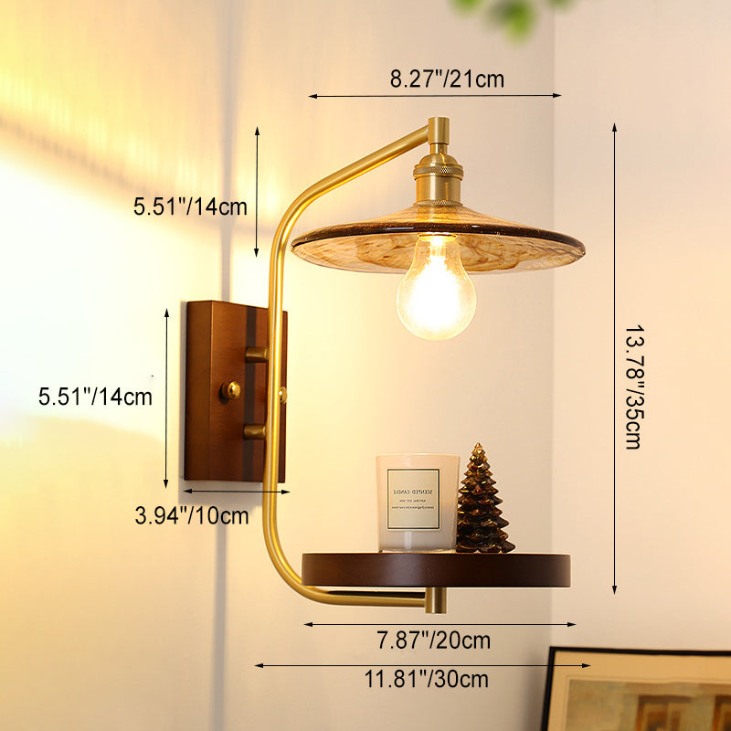 Contemporary Retro Brass Glass Rubber Wood Shelf Disk Ice Cube 1-Light Wall Sconce Lamp For Bedside