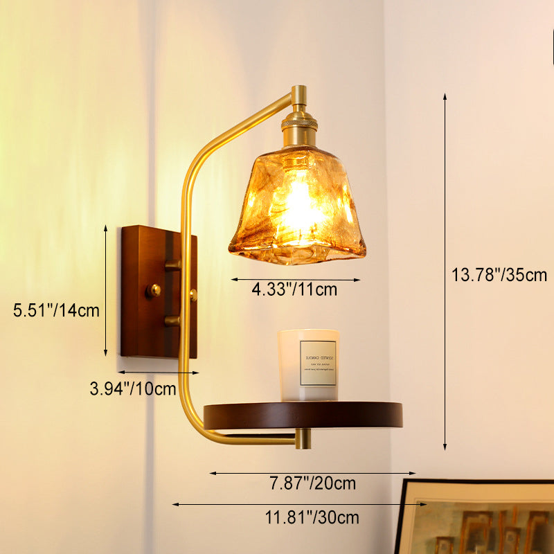 Contemporary Retro Brass Glass Rubber Wood Shelf Disk Ice Cube 1-Light Wall Sconce Lamp For Bedside