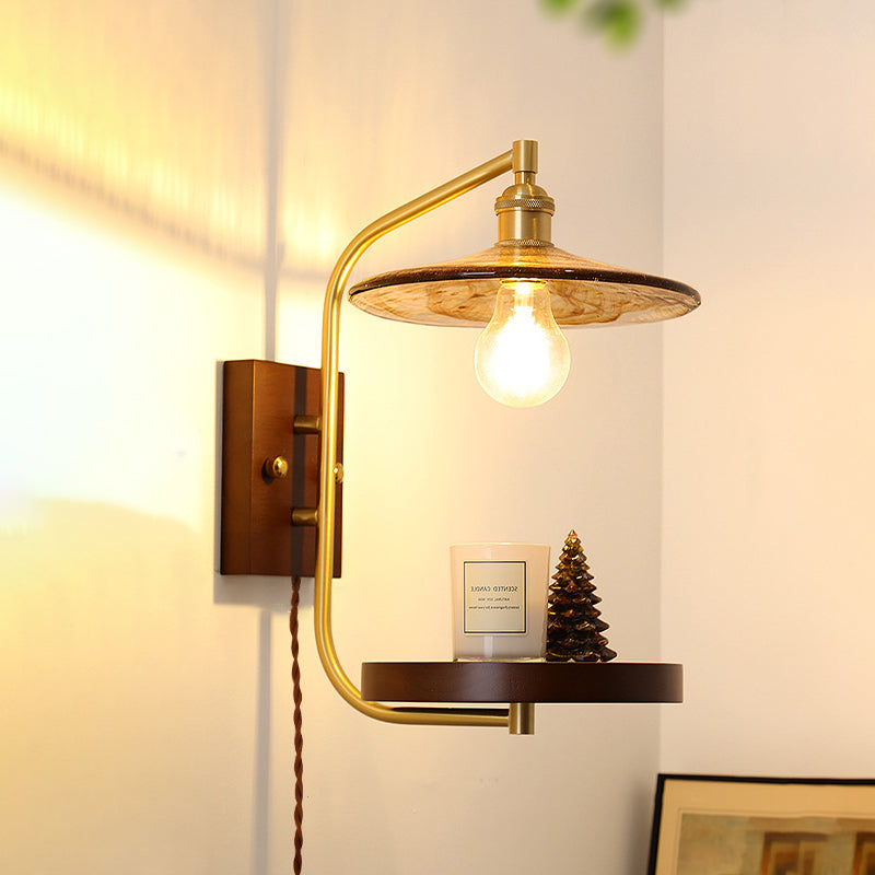 Contemporary Retro Brass Glass Rubber Wood Shelf Disk Ice Cube 1-Light Wall Sconce Lamp For Bedside
