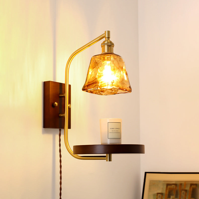Contemporary Retro Brass Glass Rubber Wood Shelf Disk Ice Cube 1-Light Wall Sconce Lamp For Bedside