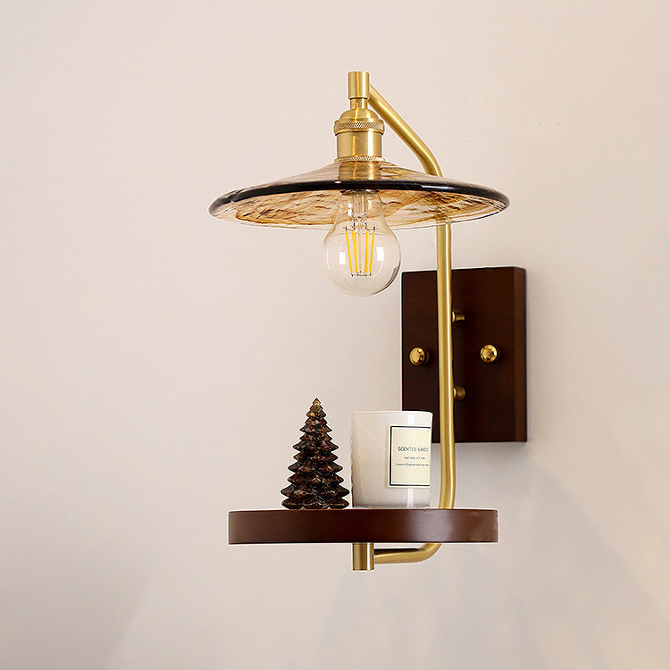 Contemporary Retro Brass Glass Rubber Wood Shelf Disk Ice Cube 1-Light Wall Sconce Lamp For Bedside